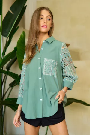 wholesale clothing geo stripe lace long sleeve button front shirt top davi & dani