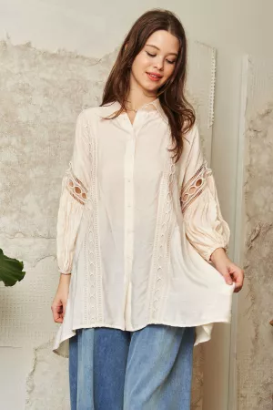 wholesale clothing crochet loose fit button down long sleeves shirt davi & dani