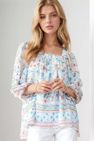 wholesale clothing floral border printed square elastic neck blouse davi & dani