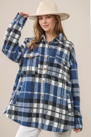 wholesale clothing fuzzy multi plaid pocketed button up shirt jacket davi & dani