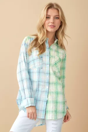 wholesale clothing mixed plaid color block pocket detail shirt top davi & dani