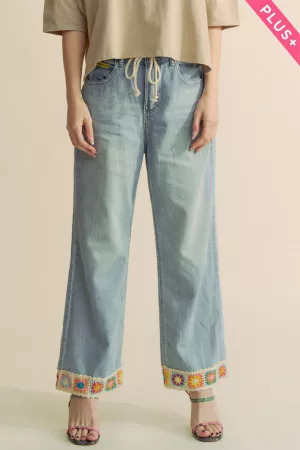 wholesale clothing plus crochet trim straight leg denim jeans davi & dani