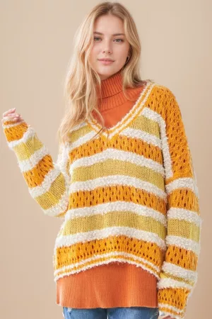 wholesale clothing multi texture striped open knit v neck sweater davi & dani
