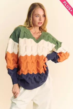 wholesale clothing plus v neckline cozy waves color block sweater davi & dani