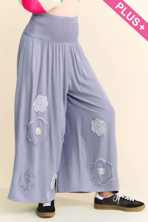 wholesale clothing plus garment washed floral patch waist wide pants davi & dani