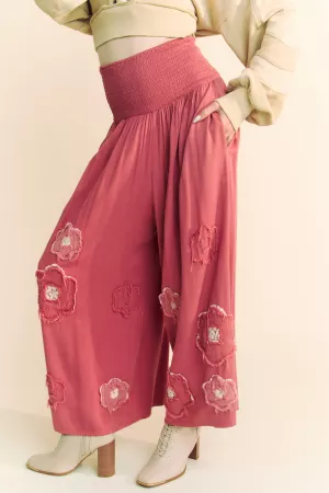 wholesale clothing garment washed floral patch waist wide open pants davi & dani