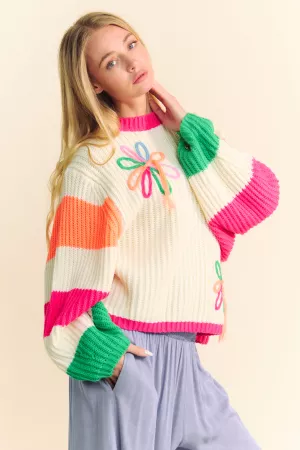 wholesale clothing chunky thread flower multi striped sleeve sweater davi & dani