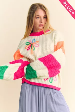 wholesale clothing plus chunky thread flower multi striped sweater davi & dani