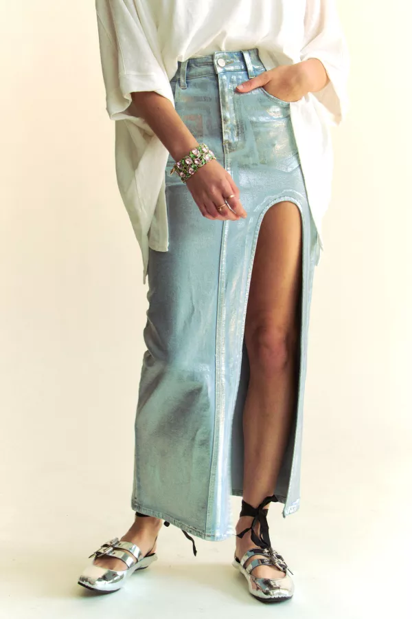 wholesale clothing foiled denim zip front side slit pocket maxi skirt davi & dani