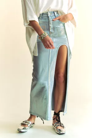 wholesale clothing foiled denim zip front side slit pocket maxi skirt davi & dani