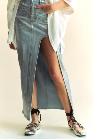 wholesale clothing foiled denim zip front side slit pocket maxi skirt davi & dani
