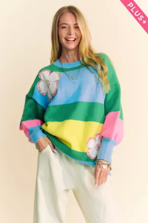 wholesale clothing plus flower patched multi striped knit sweater davi & dani