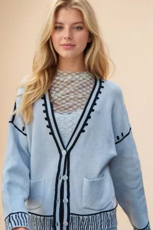 wholesale clothing printed rib detail button front sweater cardigan davi & dani
