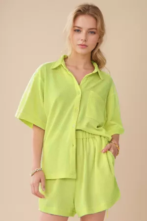 wholesale clothing textured knit short sleeve button down shirt top davi & dani
