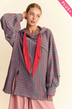wholesale clothing plus french stripe bell sleeve slit hoodie top davi & dani