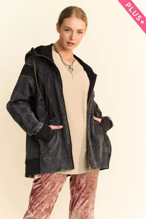 wholesale clothing plus washed waffle knit rib contrast hooded jacket davi & dani