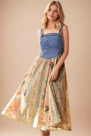 wholesale clothing floral stripe mixed skirt denim bodice midi dress davi & dani