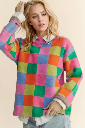 wholesale clothing multi color blocked checker pullover sweater top davi & dani