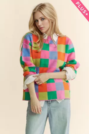 wholesale clothing plus multi color blocked checker knit sweater top davi & dani