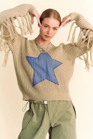 wholesale clothing denim star stud patch fringe long sleeve sweater davi & dani