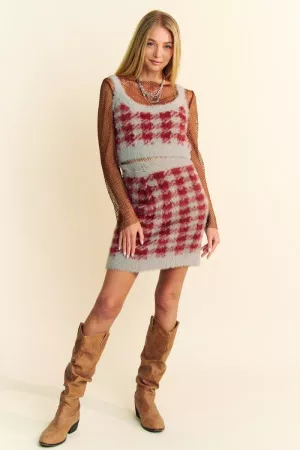 wholesale clothing plaid sleeveless knit cropped top mini skirt set davi & dani