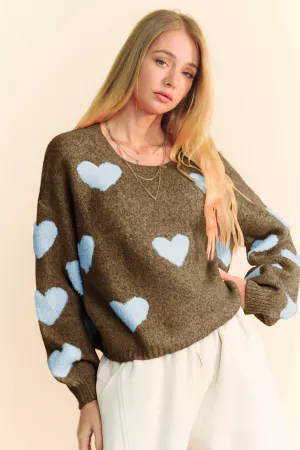 wholesale clothing heart pattern long sleeve loose fit knit sweater davi & dani