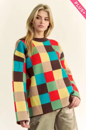 wholesale clothing plus multi color blocked checker knit sweater top davi & dani