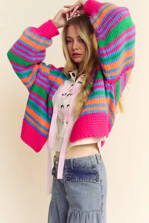 wholesale clothing chunky knit multi striped open sweater cardigan davi & dani