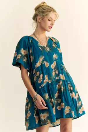 wholesale clothing floral print short bell sleeve pleated mini dress davi & dani