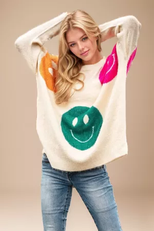 wholesale clothing smile printed long sleeve loose fit knit sweater davi & dani