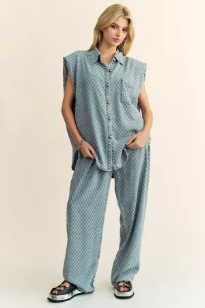 wholesale clothing checkered denim button down shirt n long pants set davi & dani