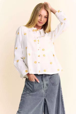 wholesale clothing daisy embroidered reglan sleeve button front shirt davi & dani