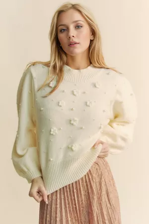 wholesale clothing peral flower trim long sleeve loose fit sweater davi & dani