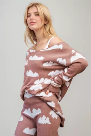 wholesale clothing cloud print round neck loose fit knit sweater top davi & dani
