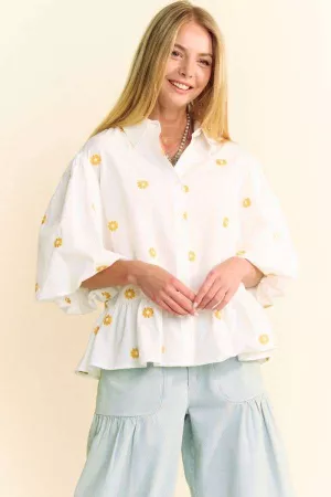 wholesale clothing daisy embroidered balloon sleeves ruffle shirt top davi & dani