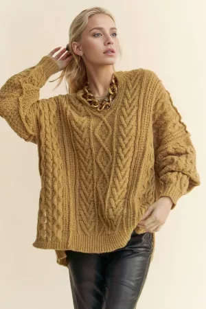 wholesale clothing solid cable knitted long sleeve side slit sweater davi & dani