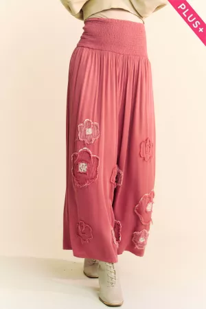 wholesale clothing plus garment washed floral patch waist wide pants davi & dani