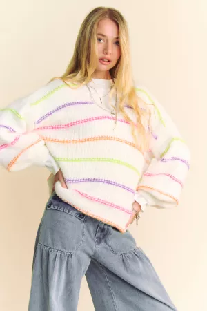 wholesale clothing multi color stripe long sleeve loose fit sweater davi & dani