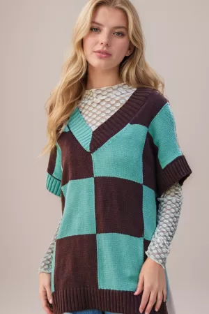 wholesale clothing multicolor checkered v neck casual sweater vest davi & dani