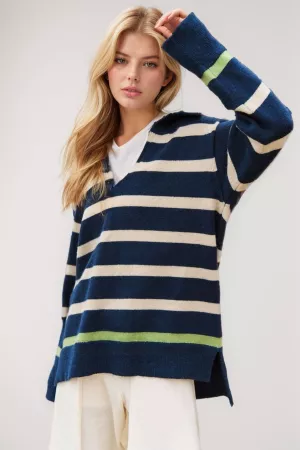wholesale clothing stripe side slit loose fit collar high low sweater davi & dani