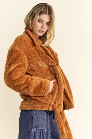wholesale clothing fuzzy sherpa faux fur zip up tie belt jacket davi & dani