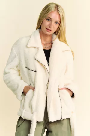 wholesale clothing fuzzy sherpa faux fur zip up tie belt jacket davi & dani