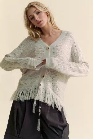 wholesale clothing fringed textured stripe button front knit cardigan davi & dani