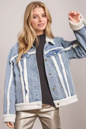 wholesale clothing faux fur trim hem detail button front denim jacket davi & dani