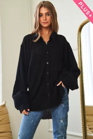 wholesale clothing plus knit tringe hem detail button down shirt top davi & dani