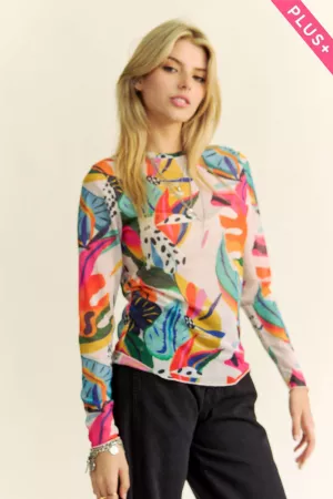 wholesale clothing plus colorful tropical mesh long sleeve top davi & dani