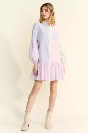 wholesale clothing multi stripe color block waist balloon shirt dress davi & dani