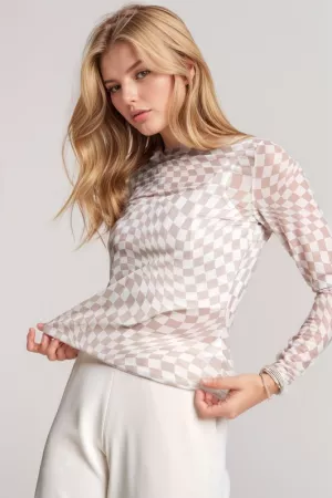 wholesale clothing checker board mesh layering see through top davi & dani