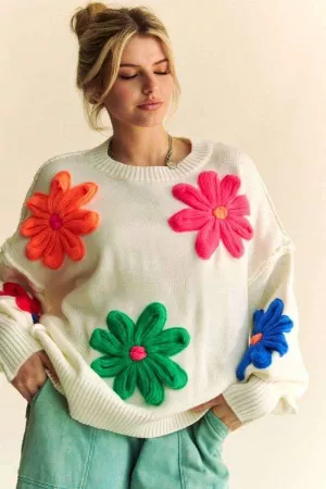 wholesale clothing multi color knit floral patched loose fit sweater davi & dani