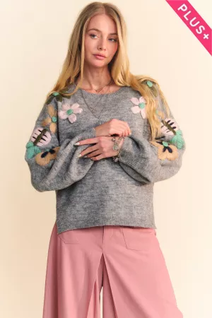 wholesale clothing plus floral embroidered side slit knit sweater davi & dani